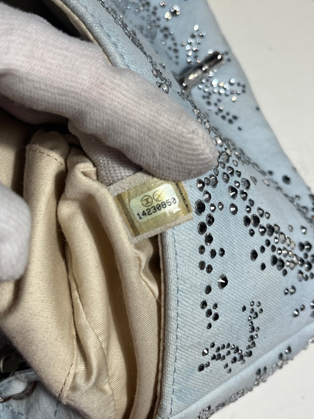 CHANEL Light Blue Quilted Crystal-Studded Shoulder Bag - Picture 14 of 16